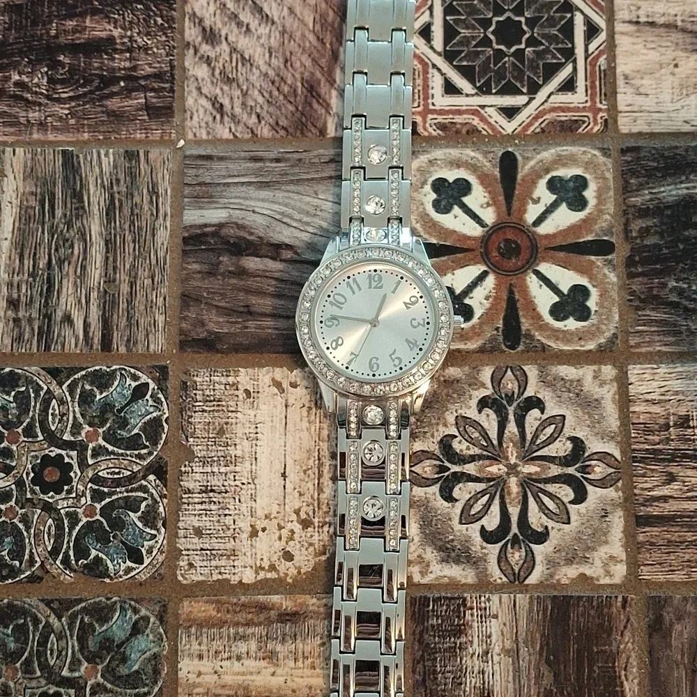 Two Womens Rhinestone Encrusted Silvertone 34mm Watches. Pre-Owned.